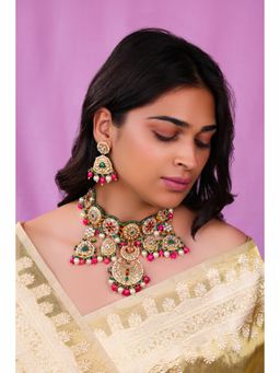 RIANA JEWELLERY - White Necklace Set With Pearls And Ruby Pink Beads