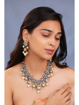 RIANA JEWELLERY - Royal Mina Work Necklace Set Blue with Pearls
