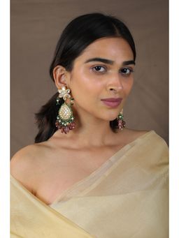 RIANA JEWELLERY - 22Kt Gold Plated With Jadau Stone Pink Beaded Chand Bali Earrings