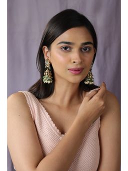 RIANA JEWELLERY - Gold Finish Occasion Wear White Pearl Jhumka With Green Hangings