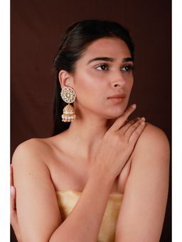 RIANA JEWELLERY - Floral Statement Jhumki Earrings With White Polki Stones And Pearl Tassels