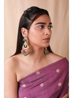RIANA JEWELLERY - Pastel Pink Green Long Earrings With White Jadau Stone