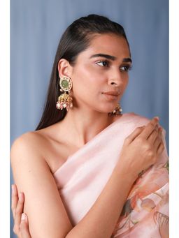 RIANA JEWELLERY - Studded With Jade And White Polki Stones Pearl Drops Earrings