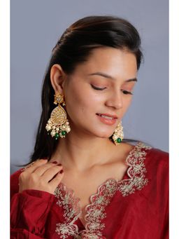 RIANA JEWELLERY - 22Kt Gold Plated Green Emerald With Pearl Jadtar Earrings