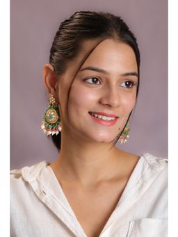RIANA JEWELLERY - White Kundan Earrings With Pink Sea Green Hangings