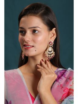 RIANA JEWELLERY - Gold Plated Kundan Stone Chand Bali Earrings With Pink Beaded