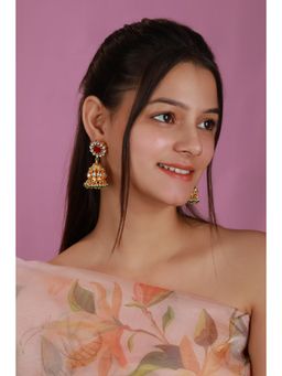 RIANA JEWELLERY - Women Pink And Green Jadtar Jhumka With Green Hangings