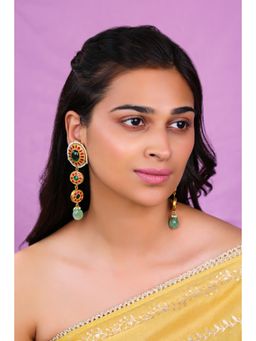 RIANA JEWELLERY - Long Oval Shape Earrings With Emerald And Ruby Stones And Beads