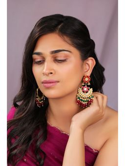 RIANA JEWELLERY - Silver Chand Bali Drop Earrings With Ruby Beads In Floral Design