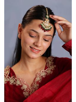 RIANA JEWELLERY - Red Beads With Green Hangings Maang Tikka