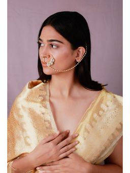 RIANA JEWELLERY - Gold Toned White Pearl Beaded Designer Nath Nose Ring With Chain