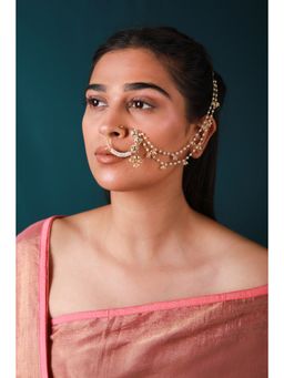 RIANA JEWELLERY - Gold Plated Traditional And Jadau Nath With Multilayer Pearl Chain