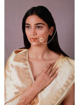 RIANA JEWELLERY - White Kundan Nose Pin with Chain