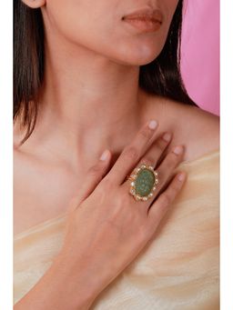 RIANA JEWELLERY - 22Kt Gold Plated Hand Carved Jade Stone Ring