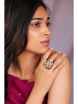 RIANA JEWELLERY - Green And Pink Jadau Kundan Ring