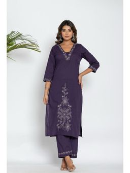Autumnlane - Colba Orchid Embroidery Cotton Kurta Pant (Set of 2)