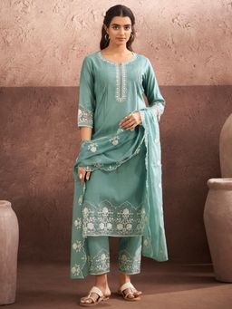 Autumnlane - Lisba Teal Embroidered Pakistani Kurta and Pant with Dupatta (Set of 3)