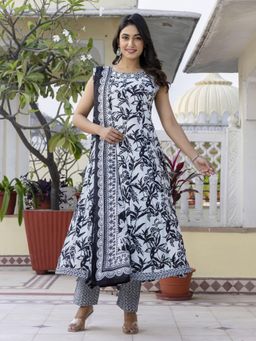 Autumnlane - Samiha Charcoal Cotton Anarkali and Pant with Dupatta (Set of 3)