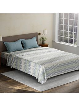 Layers - Pristine Cotton 180 TC Blue & Green Geometric King Bedsheet with 2 Pillow Covers