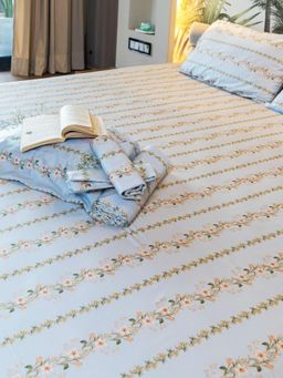 Reysha - Blue Vine Whisper 400 TC Cotton Queen Bedsheet with 2 Pillow Covers