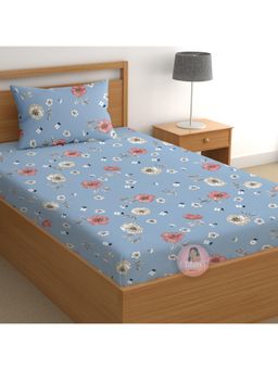 CHHAVI INDIA - Sky Blue Floral Printed 180 TC Single Microfiber Bedsheet with 1 Pillow Cover