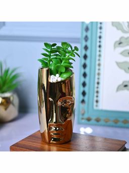 Voncasa - Ceramic Green & Golden Color Artificial Plant With Pot