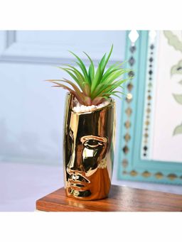 Voncasa - Ceramic Green & Golden Color Artificial Plant With Pot