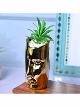 Voncasa - Ceramic Green & Golden Color Artificial Plant With Pot