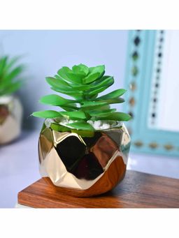 Voncasa - Ceramic Green & Golden Color Artificial Plant With Pot