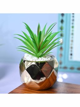 Voncasa - Ceramic Green & Golden Color Artificial Plant With Pot