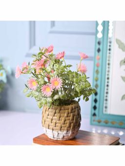 Voncasa - Plastic Green & Pink Color Artificial Plant With Pot