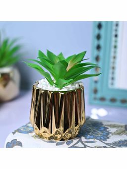 Voncasa - Ceramic Green & Golden Color Artificial Plant With Pot