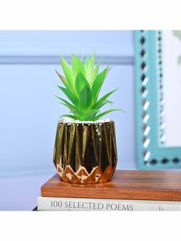 Voncasa - Ceramic Green & Golden Color Artificial Plant With Pot