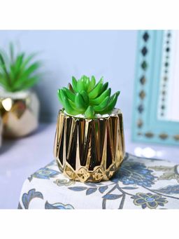 Voncasa - Ceramic Green & Golden Color Artificial Plant With Pot