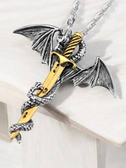OOMPH - Gold and Silver Stainless Steel Dragon and Sword Fashion Pendant Necklace