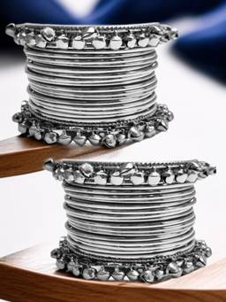 OOMPH - Combo of 40 Silver Oxidised Kashmiri Bangle Set - With Ghungroo - Size 2.6