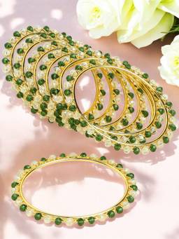 OOMPH - Gold Tone Bangles Green And White Crystal Beads (Pack of 8) (2.6)