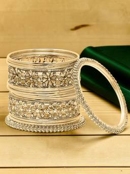 OOMPH - Antique Gold Floral Design Bangle Set (Pack of 16) (2.6)