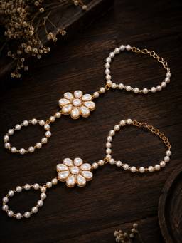 OOMPH - Gold Kundan And Pearls Haathphool Bracelet With Ring (Pack of 2)