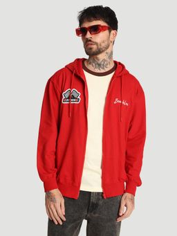 Bene Kleed - Men Relaxed Front Zipper Graphic Print Red Hoodie