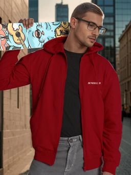 Bene Kleed - Men Relaxed Front Zipper Graphic Print Red Hoodie