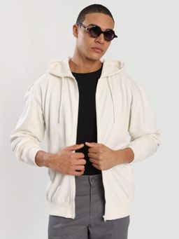 Bene Kleed - Men Relaxed Off White Brushed Fabric Front Zipper Hoodie