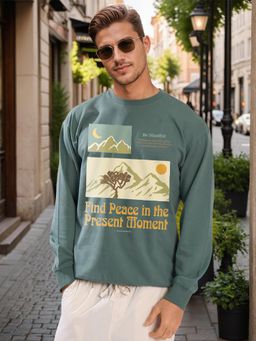 Bene Kleed - Men Green Relax Fit Embroidered Lightweight Printed Sweatshirt