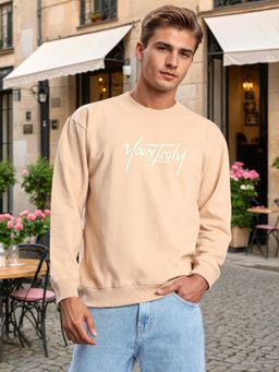 Bene Kleed - Men Crew Neck Drop Shoulder Printed Beige Sweatshirt
