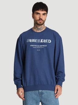 Bene Kleed - Men Crew Neck Drop Shoulder Graphic Printed Navy Blue Sweatshirt