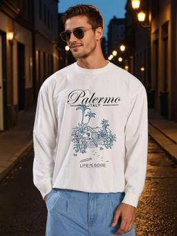 Bene Kleed - Men Off White Relax Fit Solid Lightweight Printed Sweatshirt