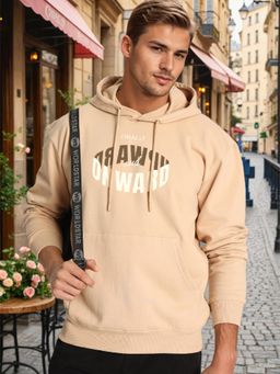 Bene Kleed - Men Relax Fit Kangaroo Pocket Graphic Printed Beige Hoodie