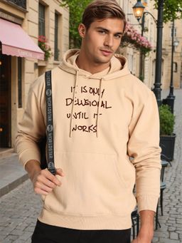 Bene Kleed - Men Relax Fit Kangaroo Pocket Graphic Printed Beige Hoodie