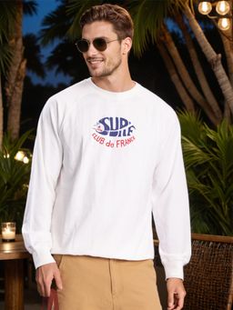 Bene Kleed - Men Off White Relax Fit Raglan Lightweight Printed Sweatshirt