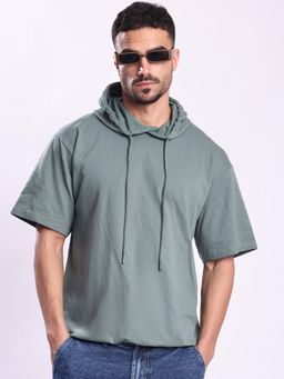 Bene Kleed - Men Green Half Sleeve Relax Fit Hooded Lightweight Hoodie